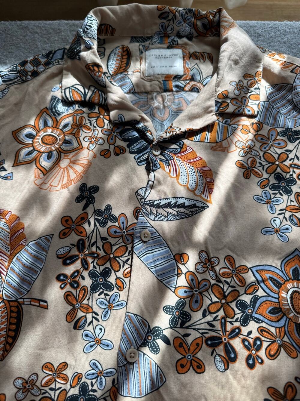 Denim & Flower Ricky Singh Floral Short Sleeve Viscose Button Up Shirt Men's M